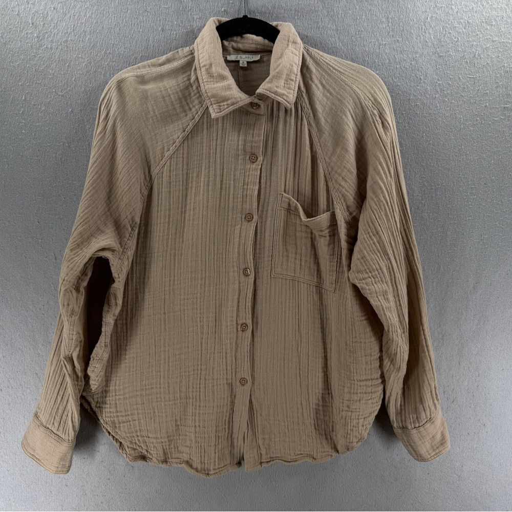 Z Supply Shirt Women Size M Tan Gauze Coastal Crinkle Top Beachy Minimalist